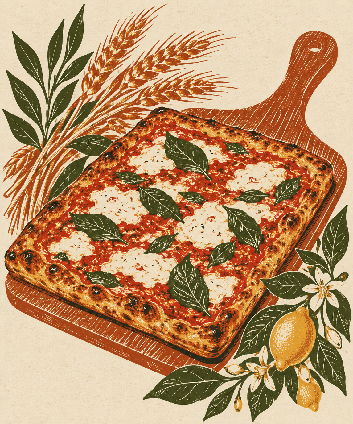 Poster-style illustration of a square grandma pizza with basil and mozzarella on a wooden peel, with wheat and lemon sprigs