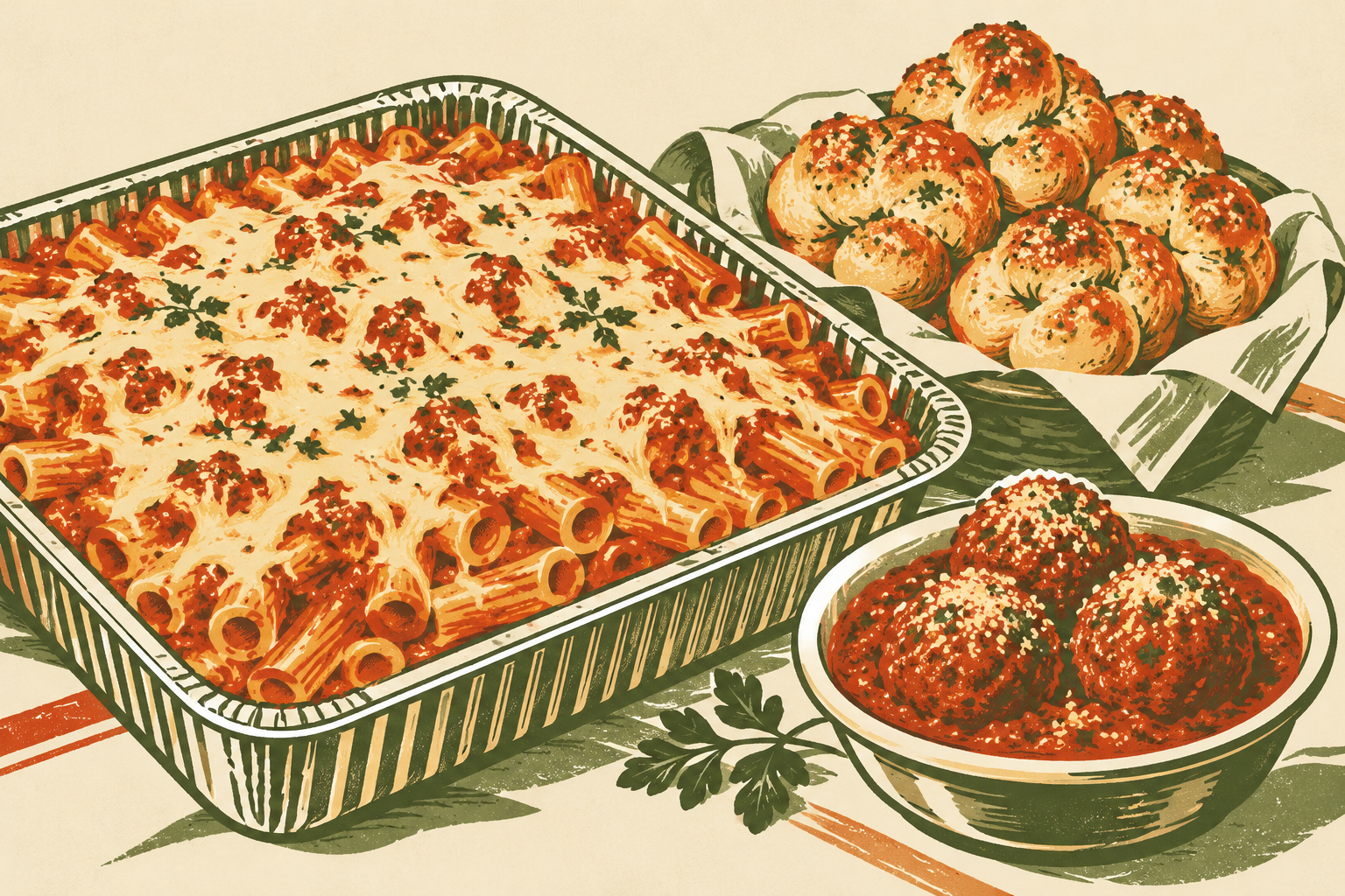 Poster-style illustration of a catering tray of baked ziti with garlic knots and a bowl of meatballs